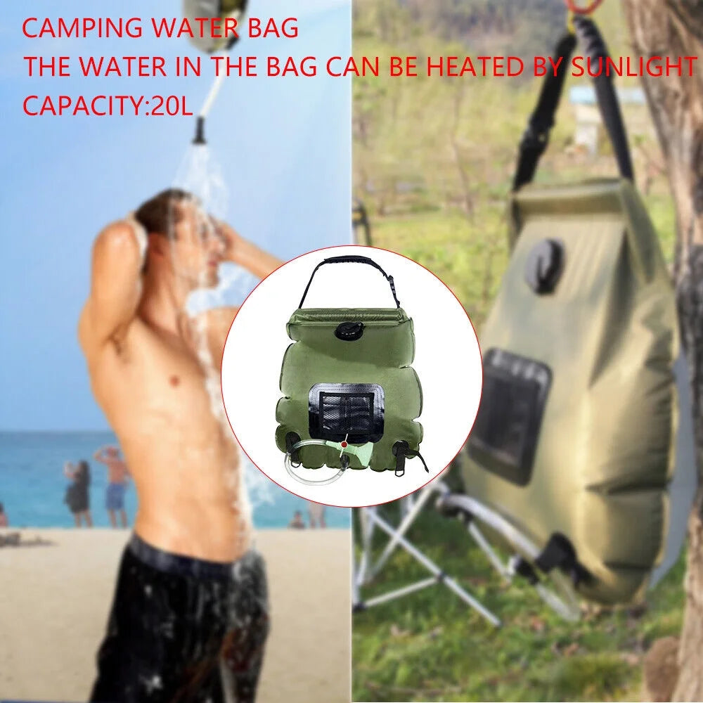 5 Gallon Solar Heated Camping Shower Bag with Removable Hose, Green PVC I80285