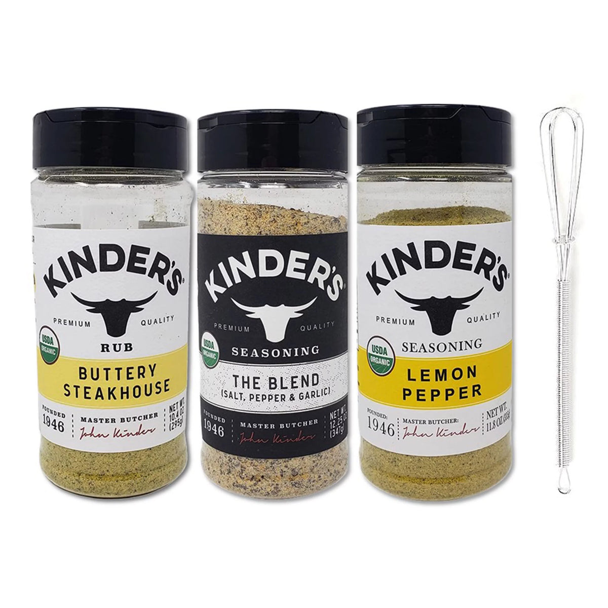 Organic Seasoning & Rub 3-Variety Pack with Mini Stainless Steel Whisk 4-Piece Set I6655