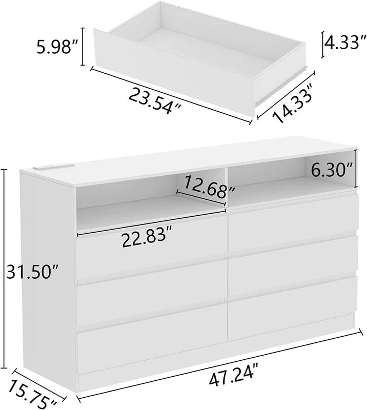 White 6 Drawer Double Dresser with Power Outlet and LED Light S1081