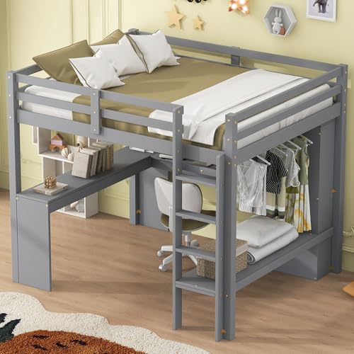 Grey Wood Full Size Loft Bed Frame with Desk, Wardrobe and Shelves B316
