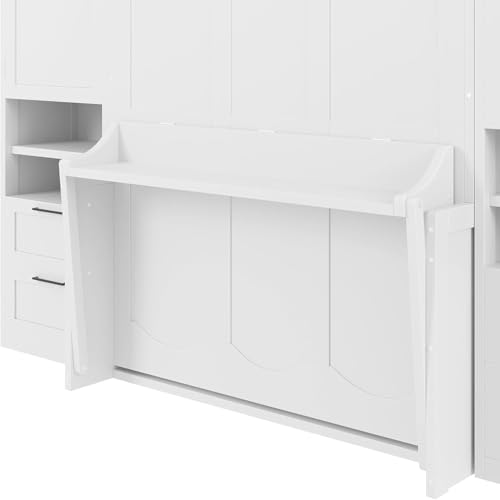 Full White Wood Murphy Bed with Desk and Storage L62664