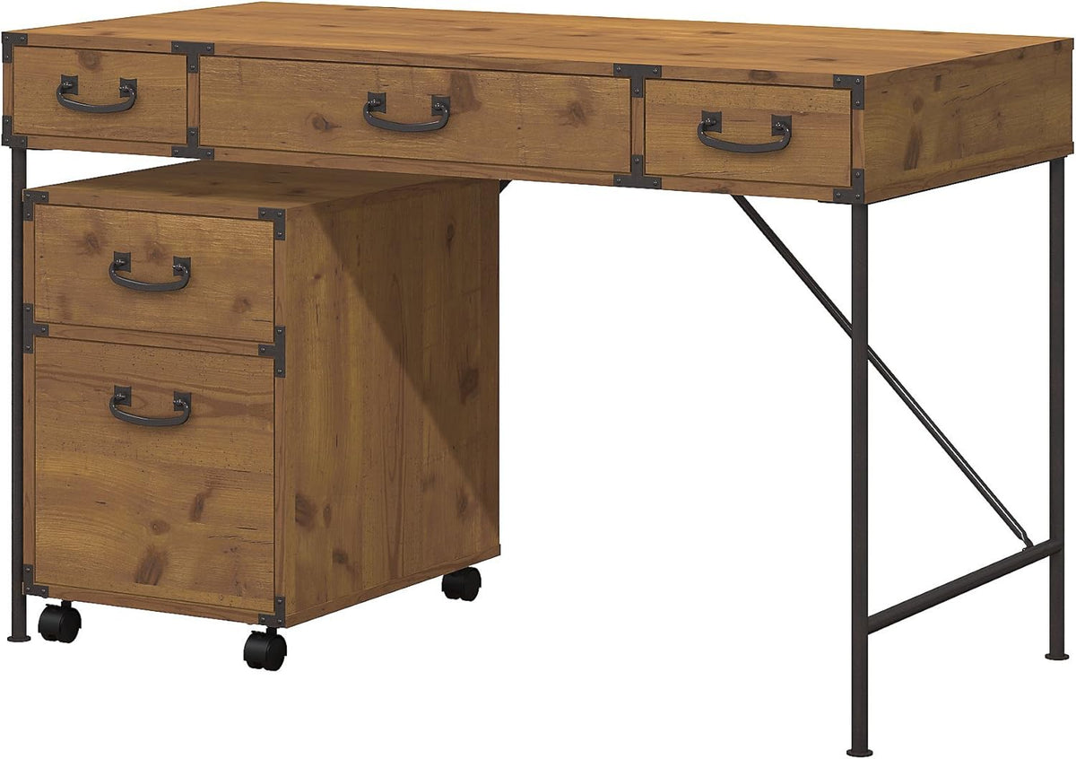 Vintage Golden Pine Writing Desk with 2 Drawer File Cabinet E63667
