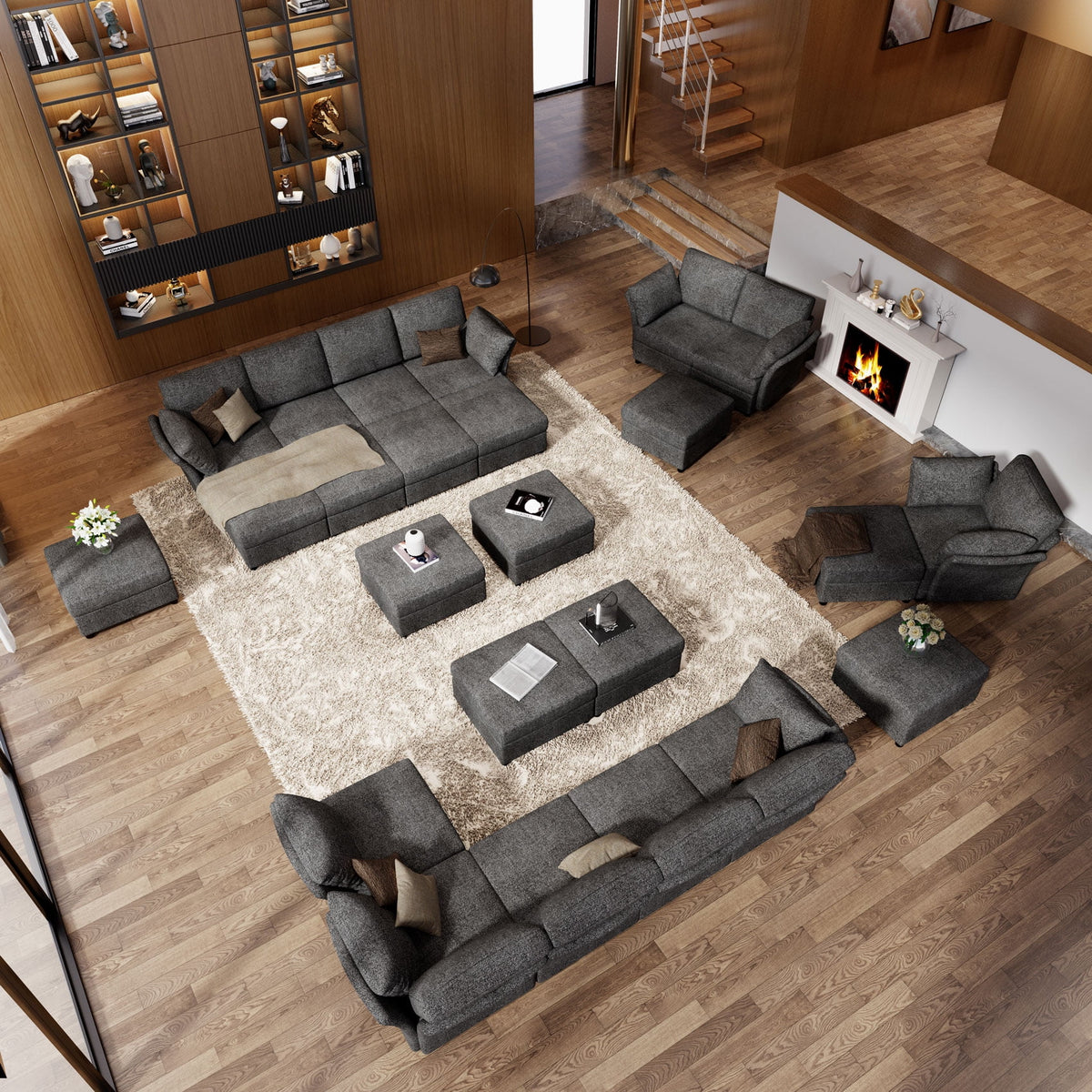 Dark Grey 9 Seat Modular Sectional Sofa with Ottomans V17583