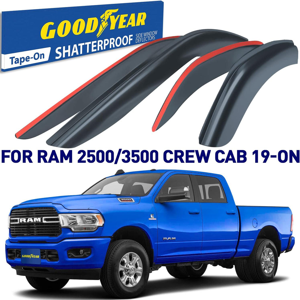 Shatterproof Side Window Deflectors for Dodge RAM 2500 3500 2019-2022 Crew Cab, Tape-on Rain Guards, 4pcs Y27636