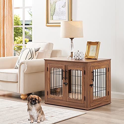 Double Doors Wooden Wire Dog Crate with Pet Bed F6789