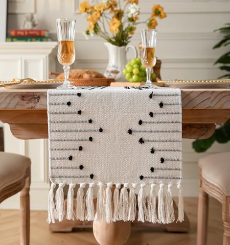 Natural Cotton Woven Table Runner with Tassels, Red and Beige K4414