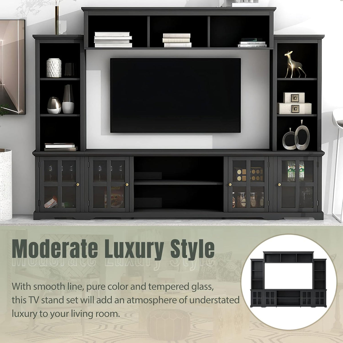 Black 104 Inch Entertainment Wall Unit with Tempered Glass Door J106076