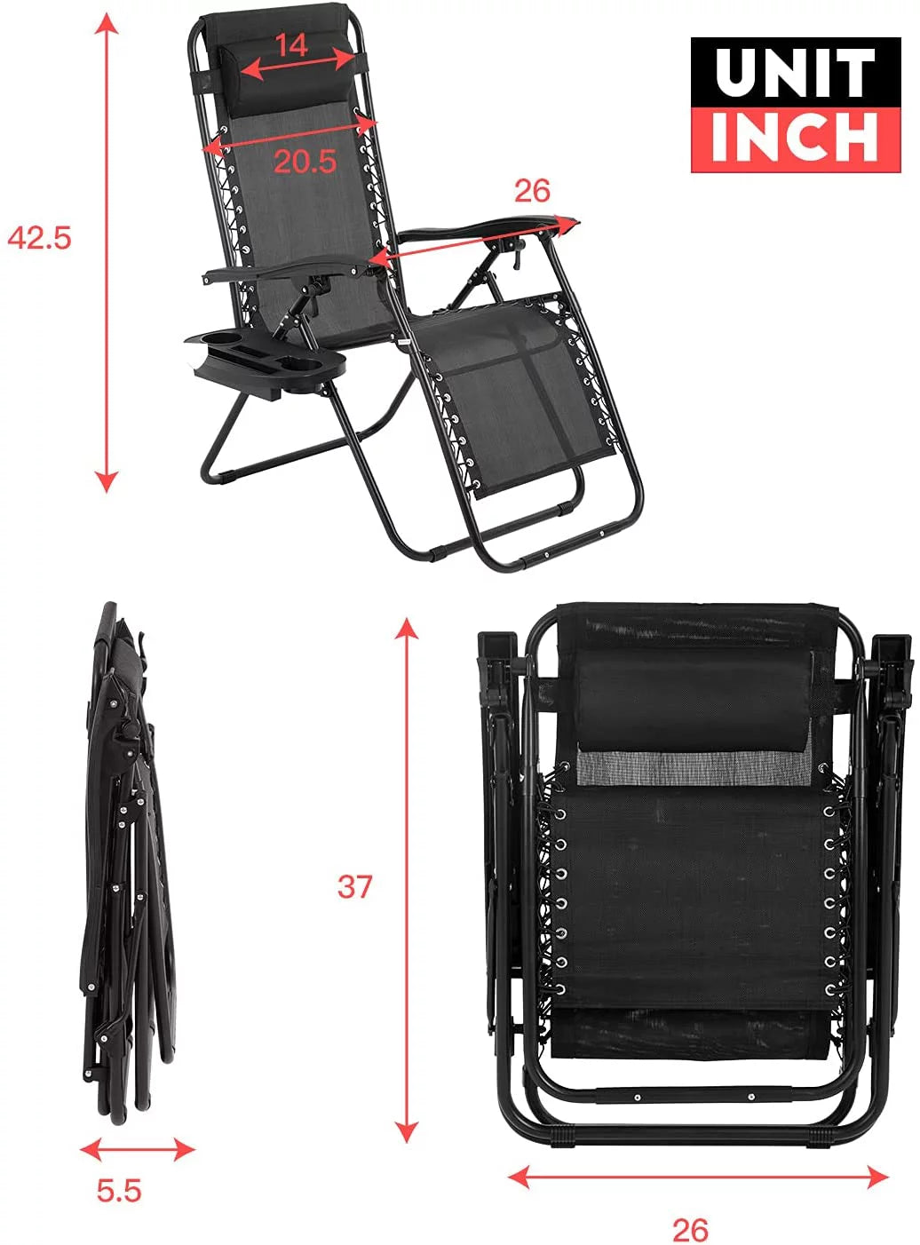 Black Zero Gravity Chair with Cup Holder and Pillow O8184