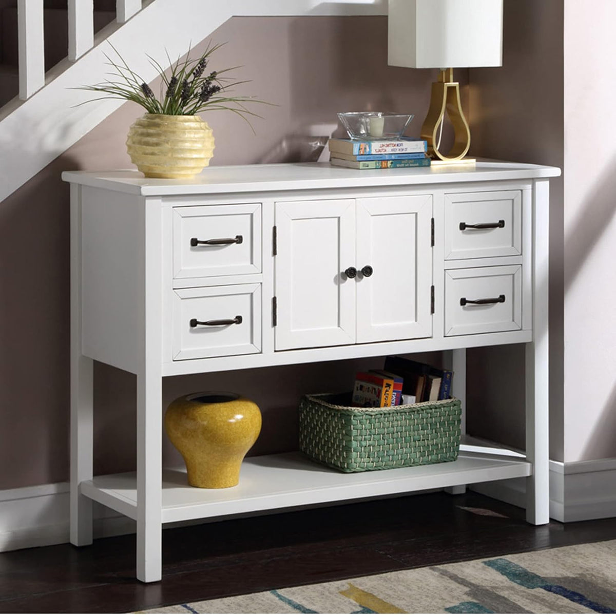 Green Console Table with Storage Drawers and Bottom Shelf F70019