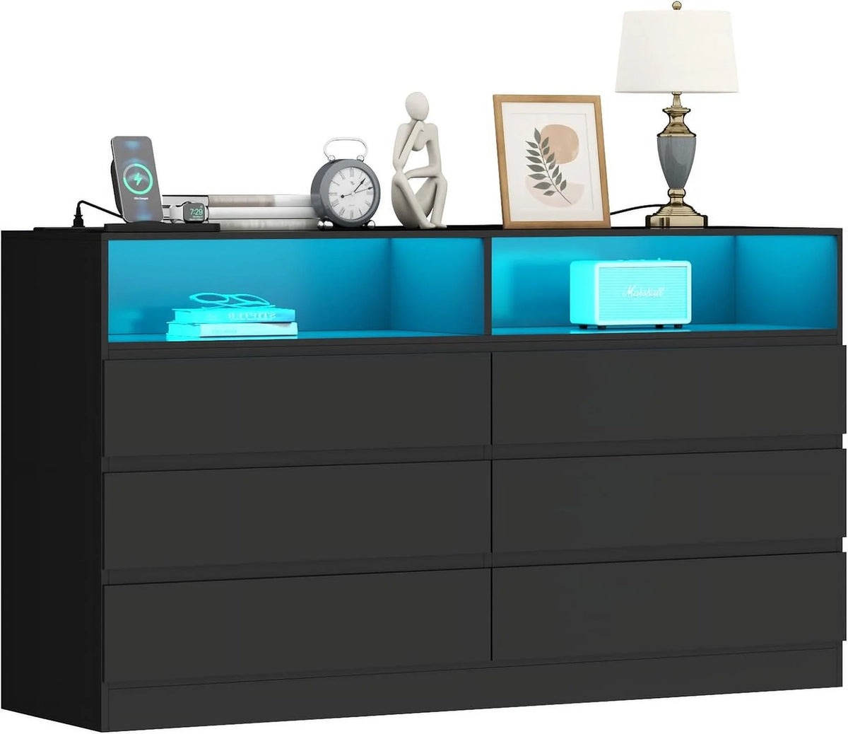 White 6 Drawer Double Dresser with Power Outlet and LED Light S1081