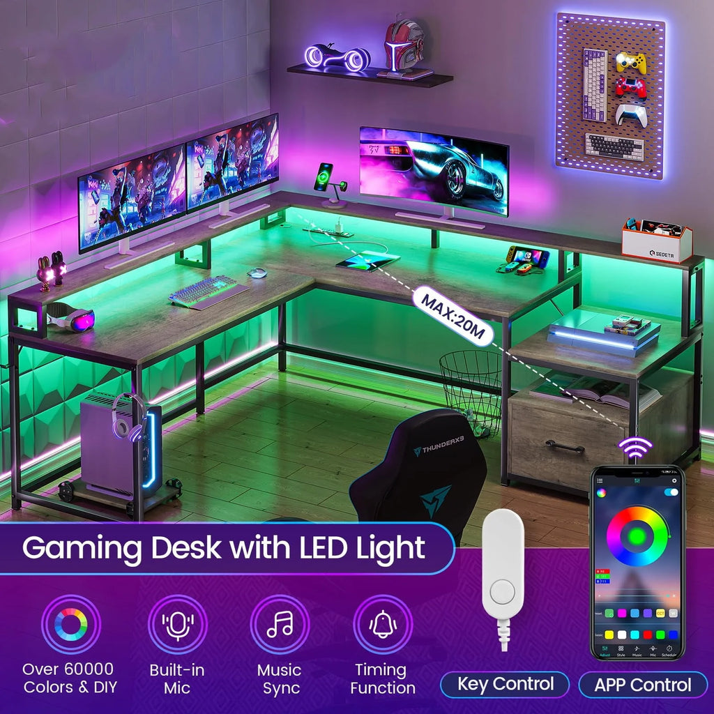L Shaped Desk with Power Outlet and LED Lights V508