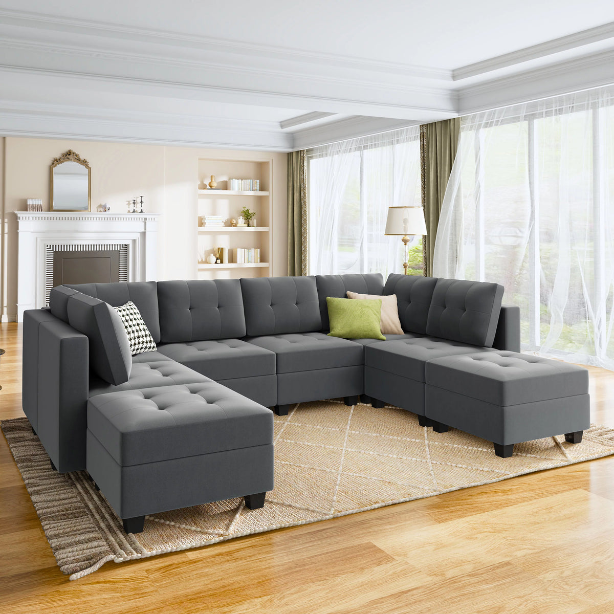Velvet Tufted Sectional Sleeper Sofa with Storage Ottomans G758467