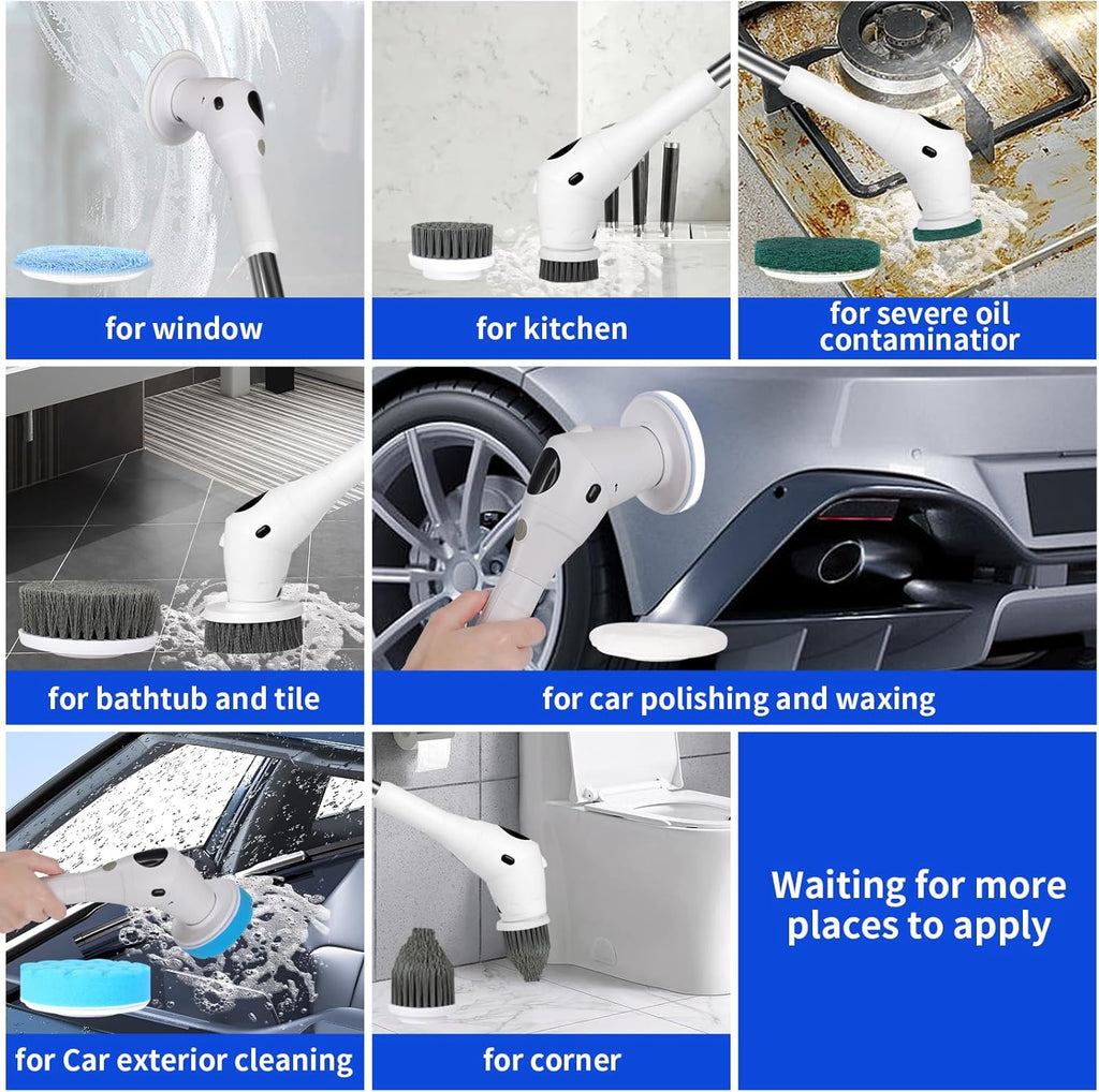 Cordless Electric Spin Scrubber with 8 Replaceable Heads and Extension Handle Y64840