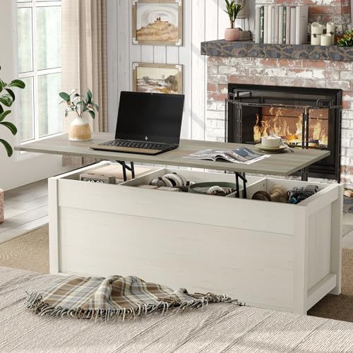 47.3'' White Rustic Brown Rectangular Lift Top Coffee Table with Storage D666