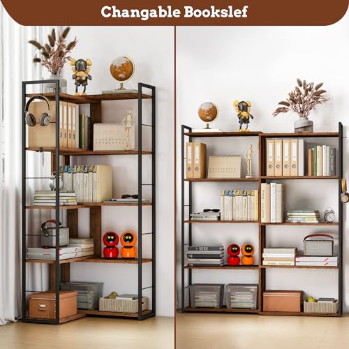 5 Tier Corner Bookshelf with 2 Hooks Adjustable Shelves Rustic Brown Z702979