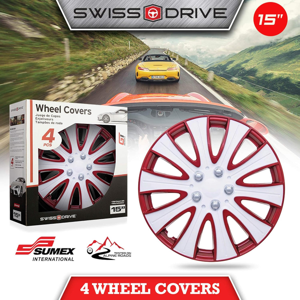 Set of 4 15inch Red and White Wheel HubCaps Z226377