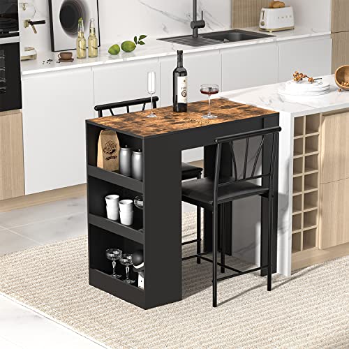 Gray Small Bar Table and Chairs Dining Set for 2 with Storage Shelves N206285