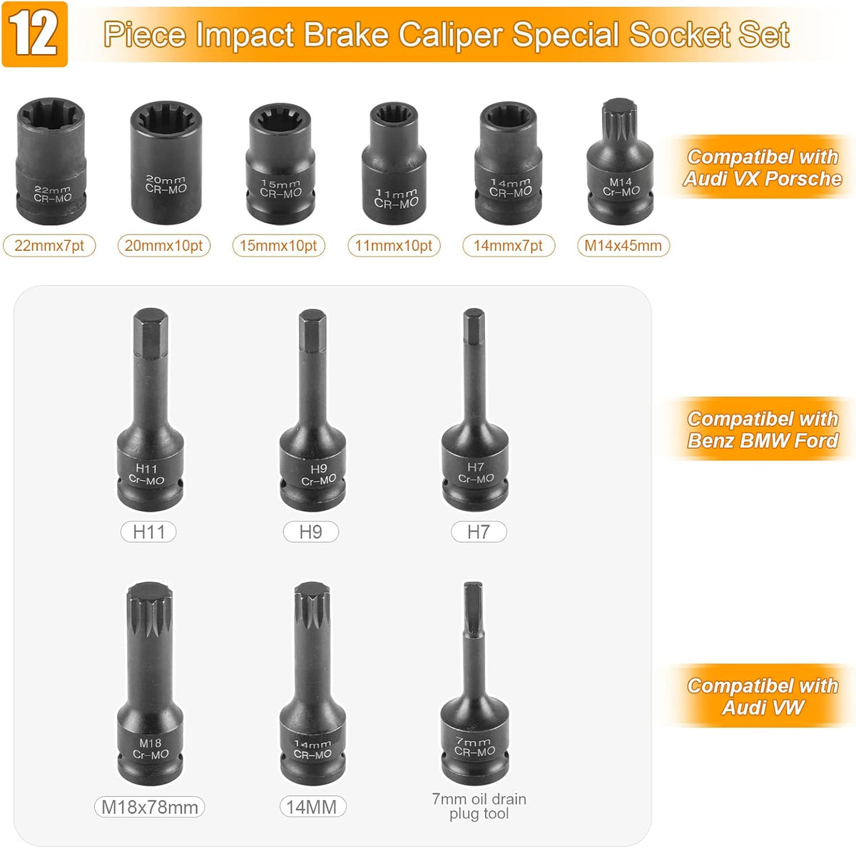 12 Pc Impact Brake Caliper Socket Set 1/2 Square Drive T558819