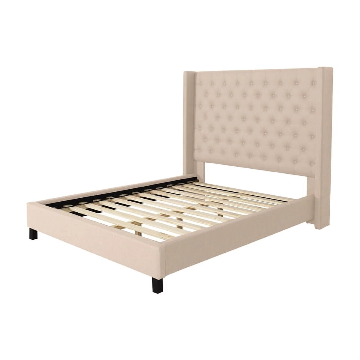 Cream Fabric Tufted Wingback Queen Bed with Slats I836487