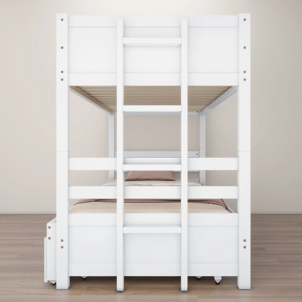 White Twin Over Full Solid Wood Bunk Bed with Trundle Q682604