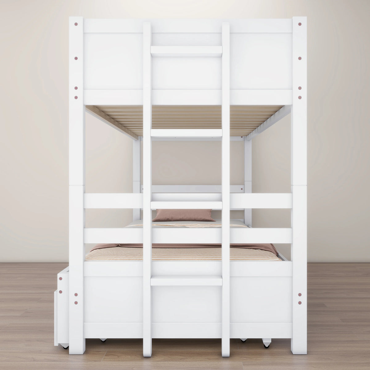 White Twin Over Full Solid Wood Bunk Bed with Trundle Q682604