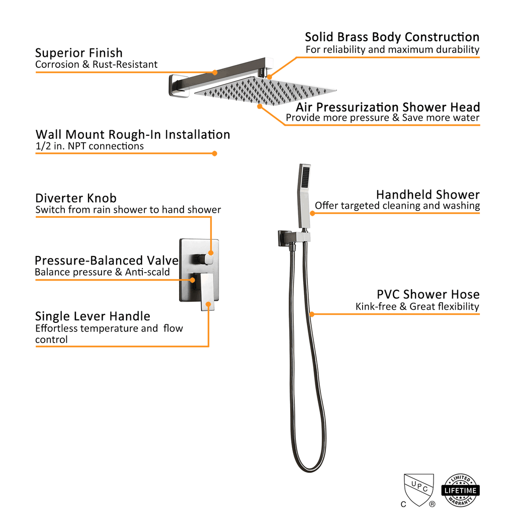 Wall Mounted Rainfall Shower Head Handheld Spray Square Shower Set L94329