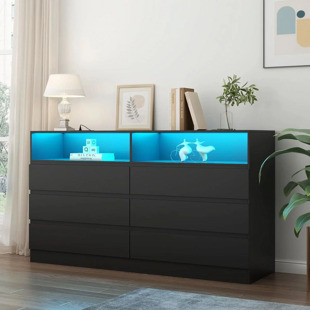 White 6 Drawer Double Dresser with Power Outlet and LED Light S1081