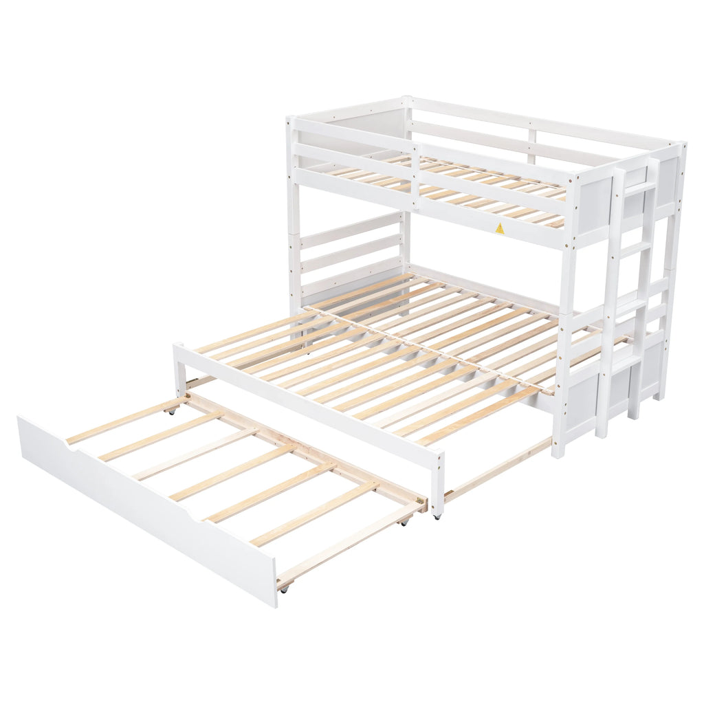 White Twin Over Full Solid Wood Bunk Bed with Trundle Q682604