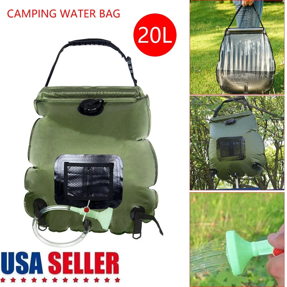 5 Gallon Solar Heated Camping Shower Bag with Removable Hose, Green PVC I80285