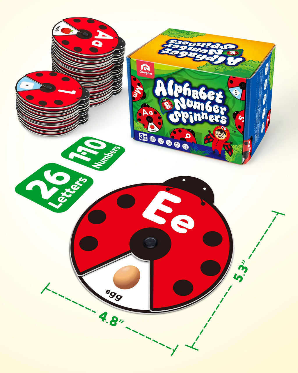 Interactive Alphabet Learning Toy, ABC Number Letters Spinning Game, Sight Words Animal Pattern Ladybug Cards, Montessori Educational Toy for 3 4 5 Year Old Baby Toddlers M231700
