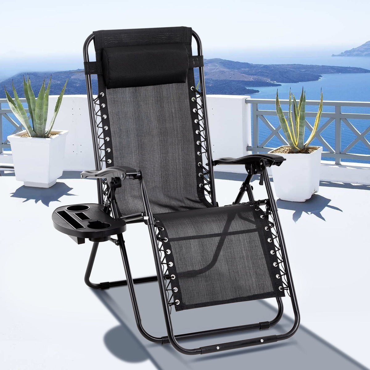 Black Zero Gravity Chair with Cup Holder and Pillow O8184