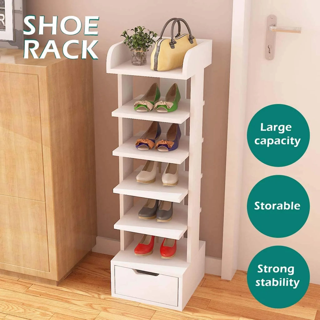 6-Tier White Wooden Shoe Rack with Storage Drawer V740