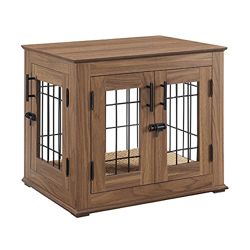 Double Doors Wooden Wire Dog Crate with Pet Bed F6789