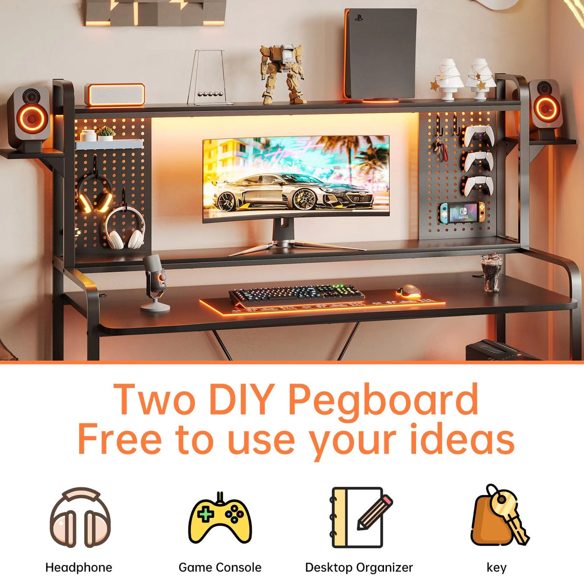 Black 55" Gaming Desk with LED Lights and Shelves Y665