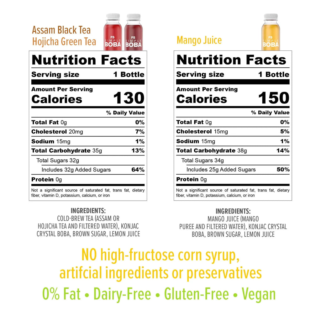 Assam Black, Hojicha Green, Mango Juices with Crystal Boba, 6-Pack of 12oz Bottles N1326