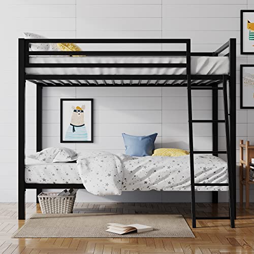 Black Twin Over Twin Size Loft Bunk Bed with Ladder and Guardrail C642