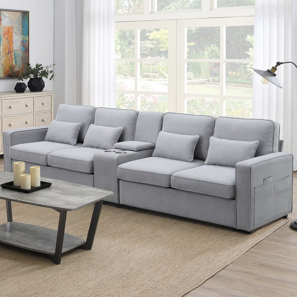 Upholstered Sofa with Console, 2 Cupholders and 2 USB Ports, Linen Fabric, 4-Seat Z1723