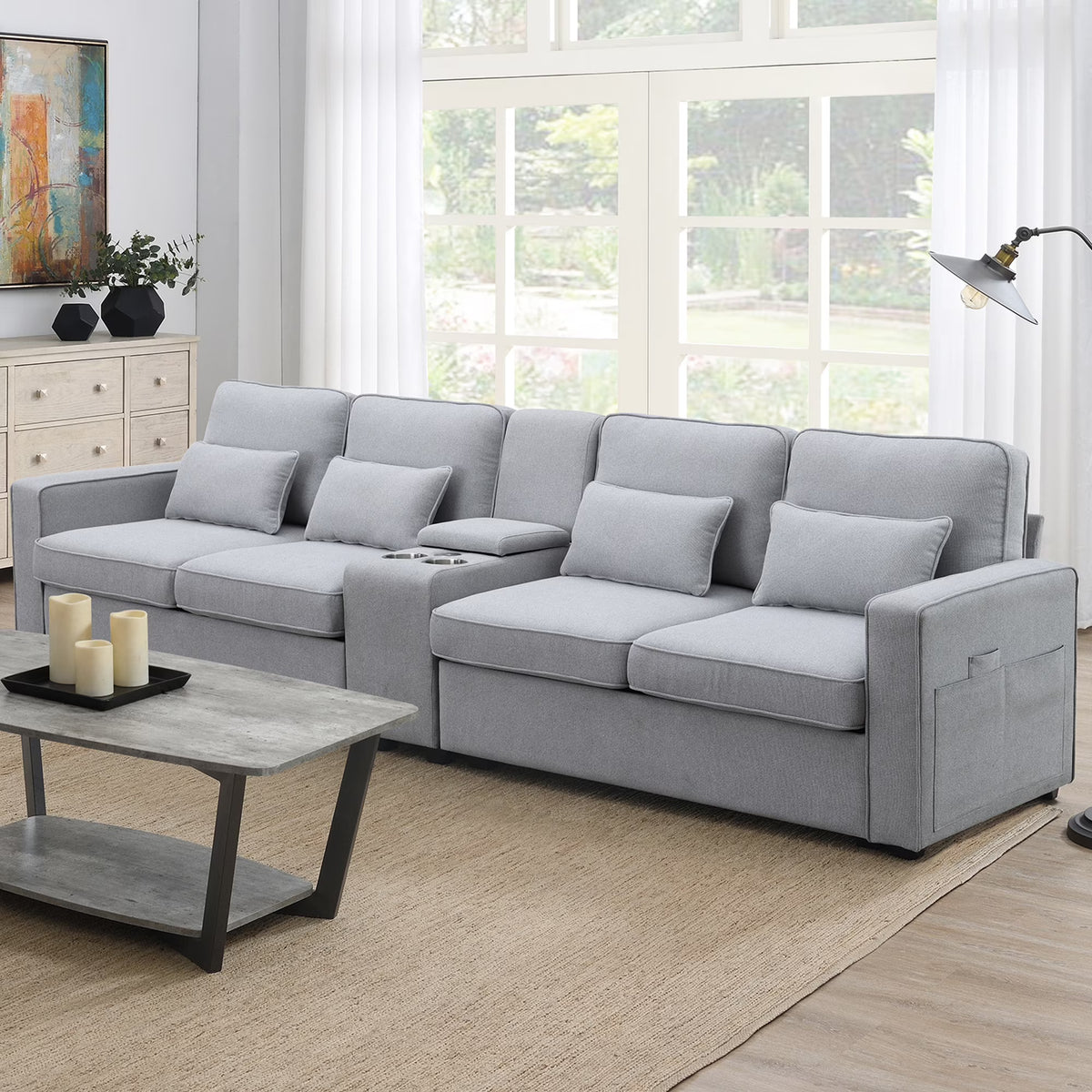 Upholstered Sofa with Console, 2 Cupholders and 2 USB Ports, Linen Fabric, 4-Seat Z1723