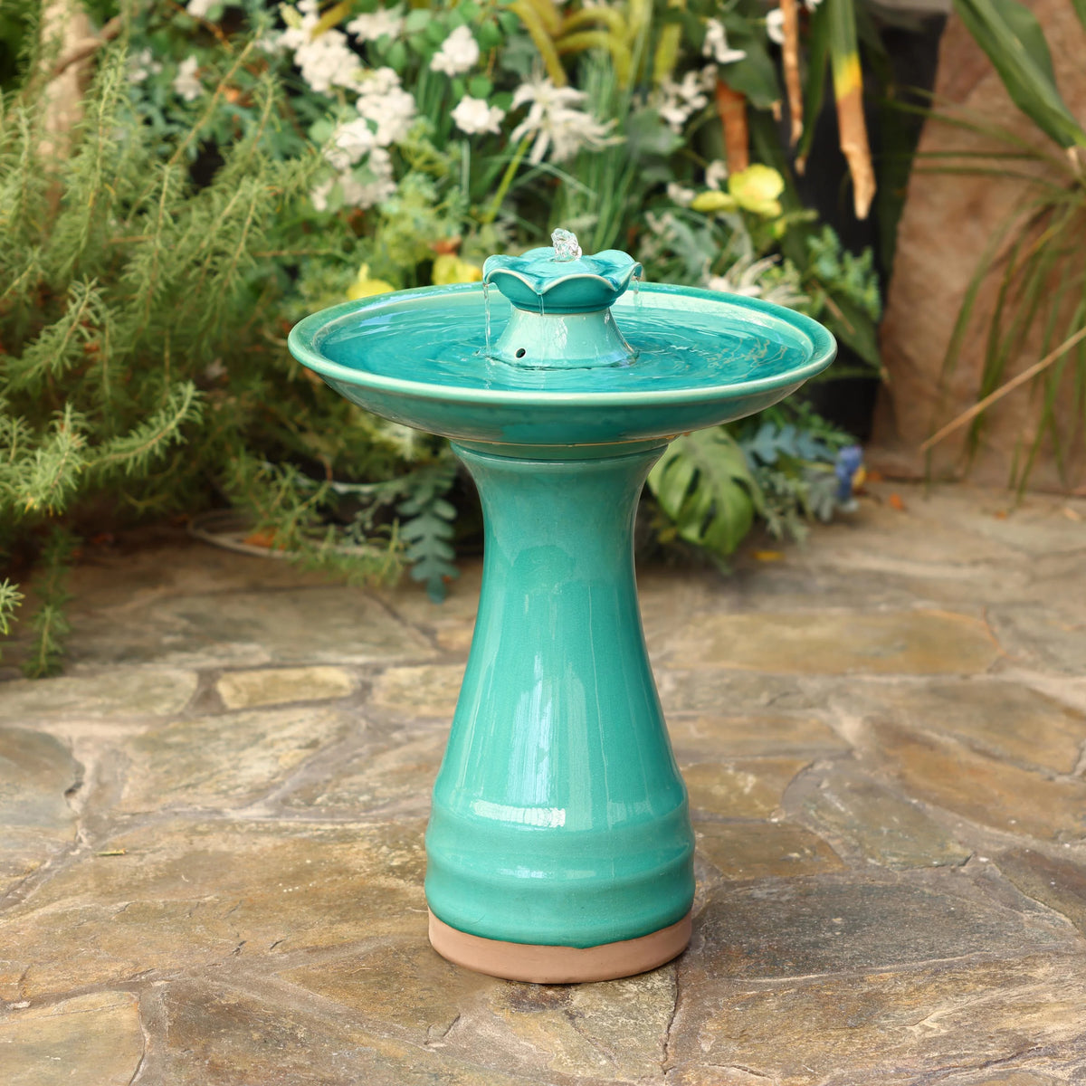 Aqua Glazed Ceramic Birdbath Fountain D2450
