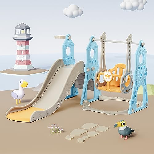 Blue & Yellow 4-in-1 Toddler Slide and Swing Set with Extra Large Playground, Basketball Hoop & Climber V51045