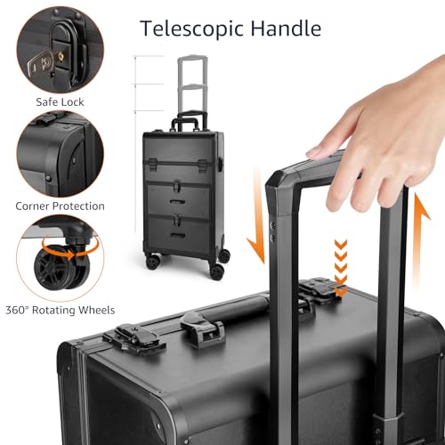 Black Rolling Makeup Train Case with Swivel Wheels M200776