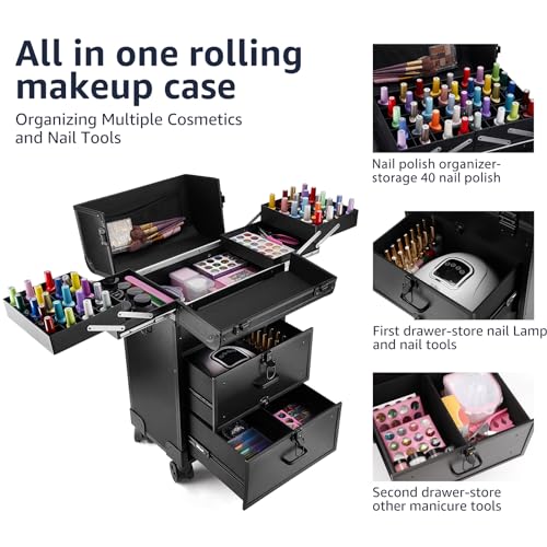 Black Rolling Makeup Train Case with Swivel Wheels M200776