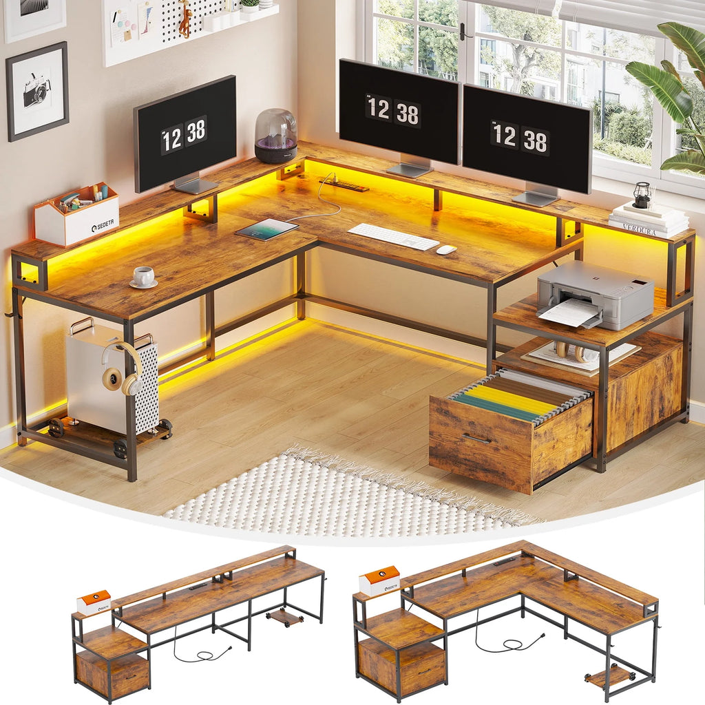 L Shaped Desk with Power Outlet and LED Lights V508