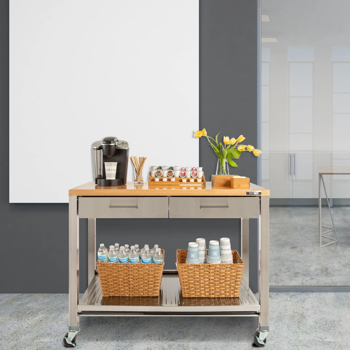 Stainless Steel Kitchen Island with Solid Wood Top G779268