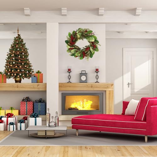 Artificial Christmas Magnolia Wreath with Green Gold Leaves, Pine Cones, Berry T257