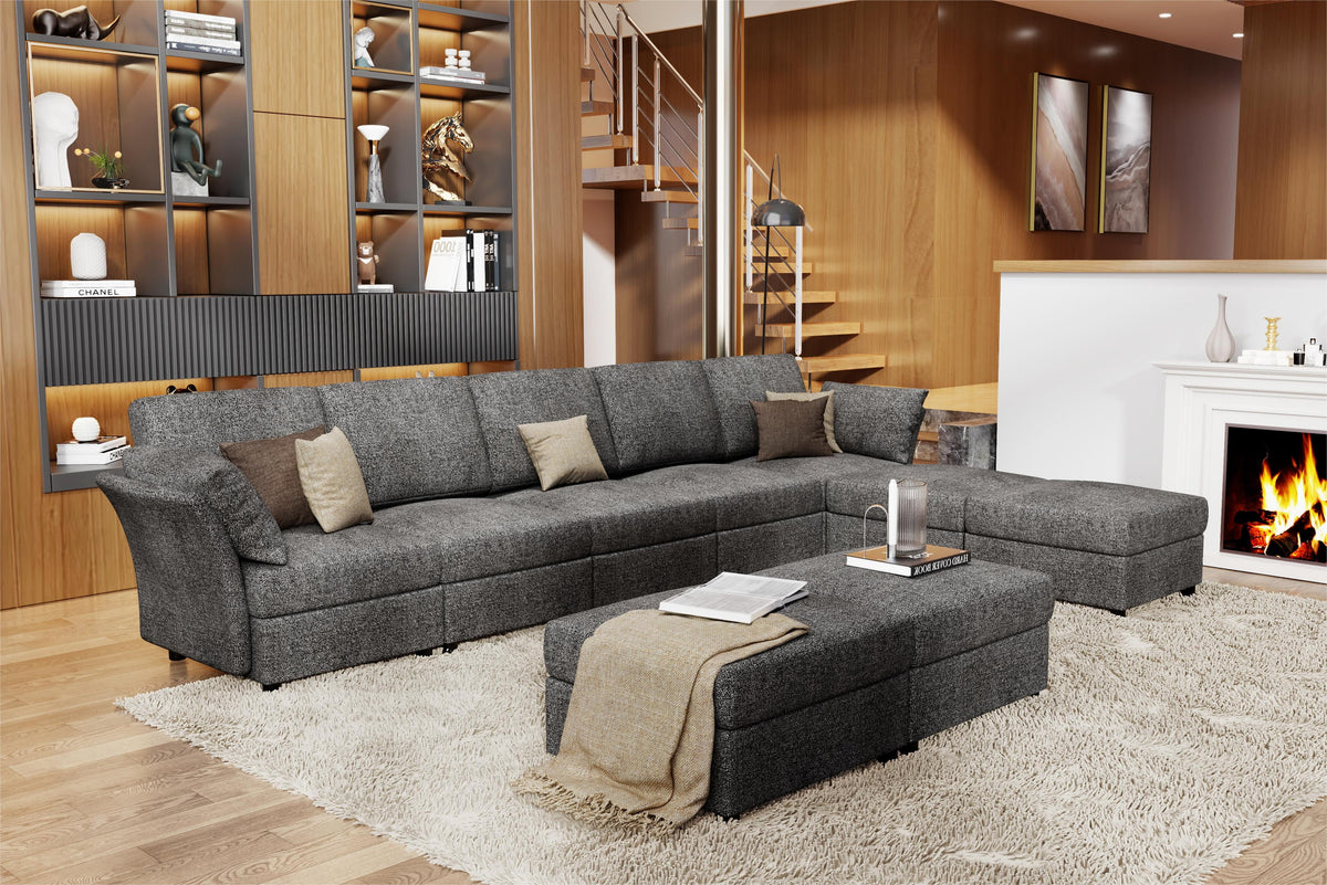 Dark Grey 9 Seat Modular Sectional Sofa with Ottomans V17583