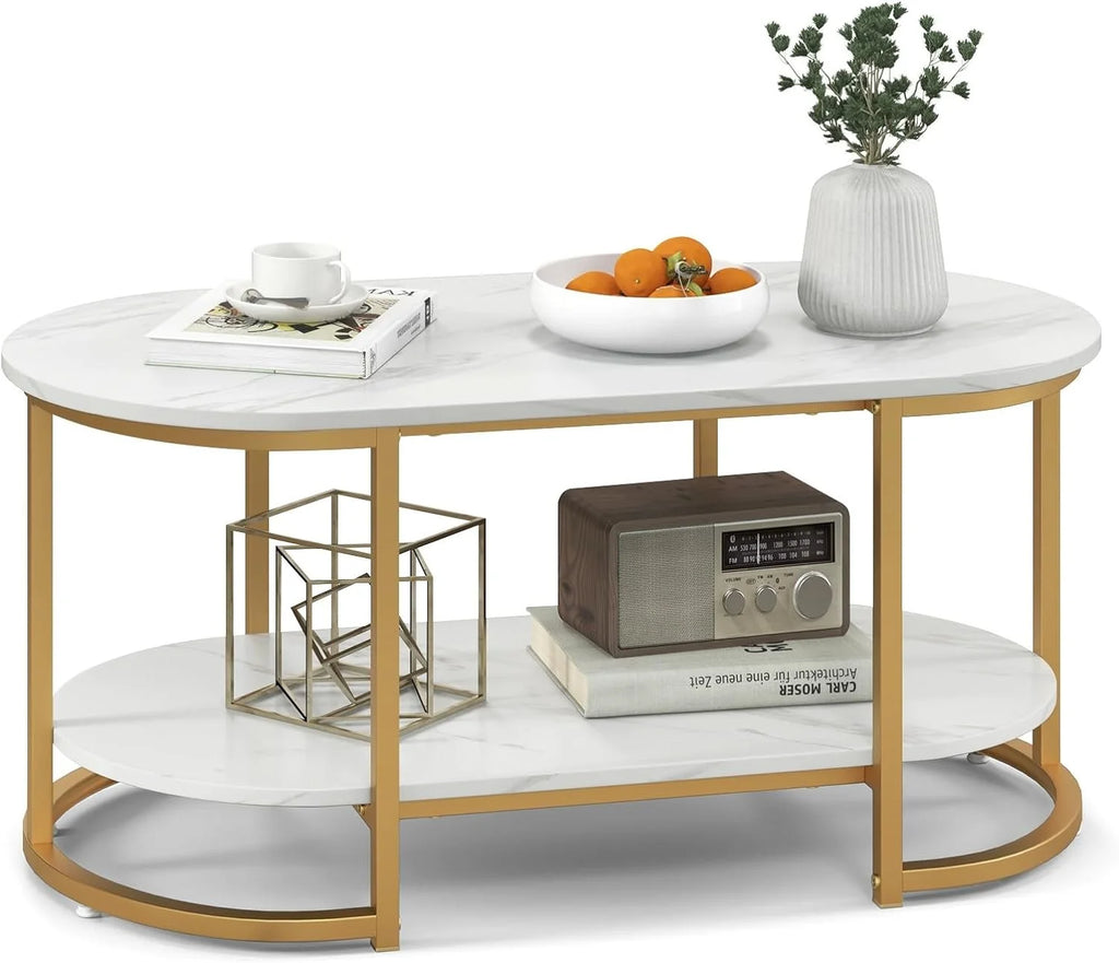 Gold 39” Oval 2 Tiers Faux Marble Top Metal Frame Coffee Table J614750