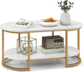 Gold 39” Oval 2 Tiers Faux Marble Top Metal Frame Coffee Table J614750