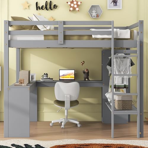 Grey Wood Full Size Loft Bed Frame with Desk, Wardrobe and Shelves B316