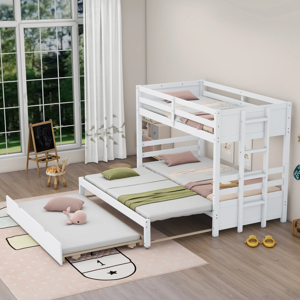 White Twin Over Full Solid Wood Bunk Bed with Trundle Q682604